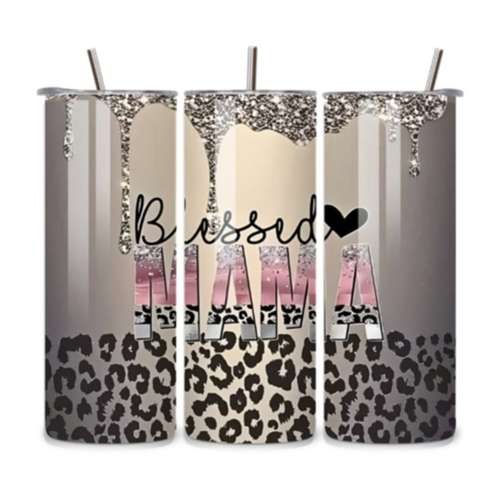 Handmade “Blessed Mama” 20oz Stainless Steel Tumbler – Glitter Drip Leopard Prin